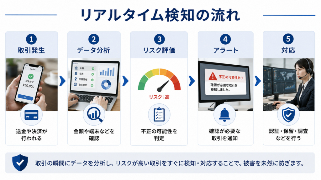AIが金融取引をリアルタイムで分析して不正を検知するイメージ